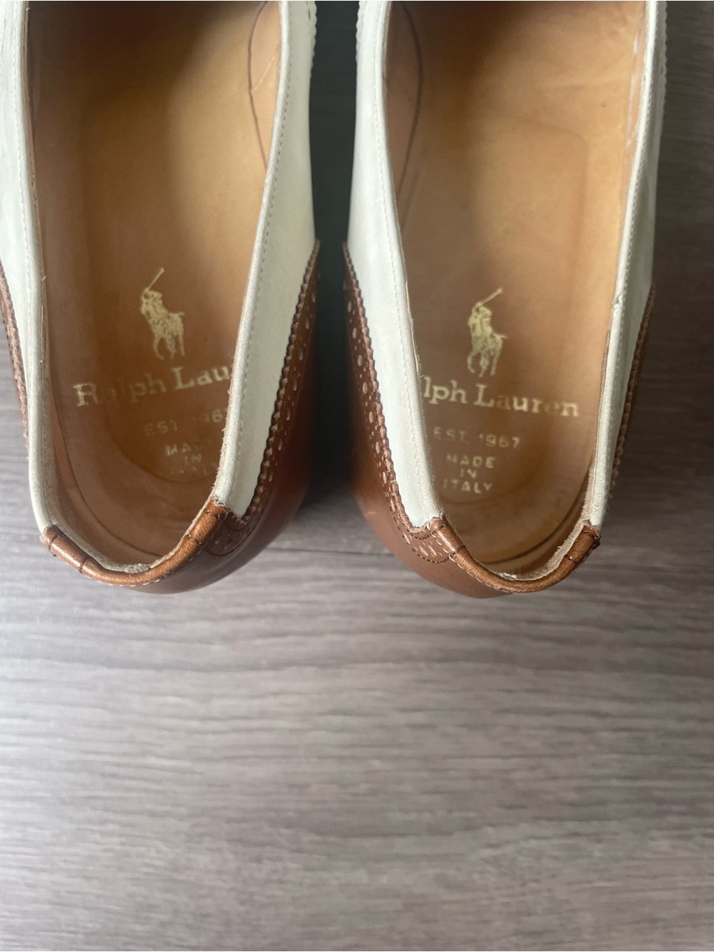 Vintage Ralph Lauren Two-Tone Brown and Cream Wingtip Oxfords 6.5 Shoes - Picture 13 of 16